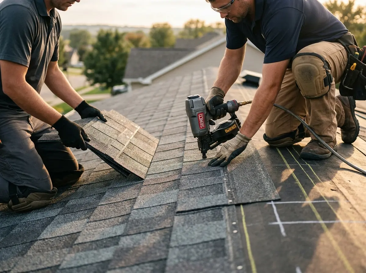 Professional roofer working on a residential roof in Chartiers